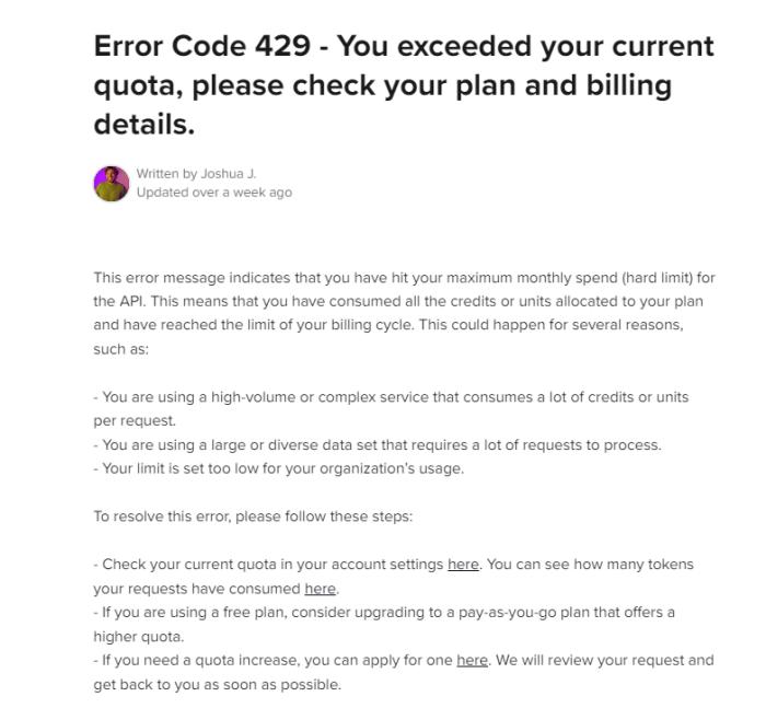 OpentAI API request error : You exceeded your current quota, please ... OpentAI API request error : You exceeded your current quota, please ...